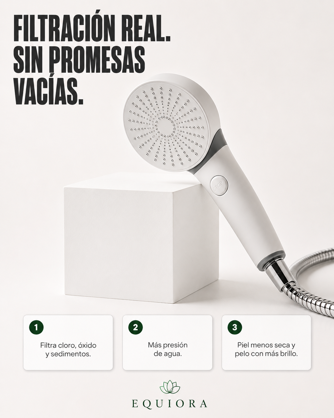 Ducha Equiora: filtra cloro óxido y sedimentos, más presión de agua, piel menos seca