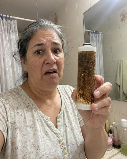 Clienta de Equiora mostrando el filtro sucio después de 60 días de uso
