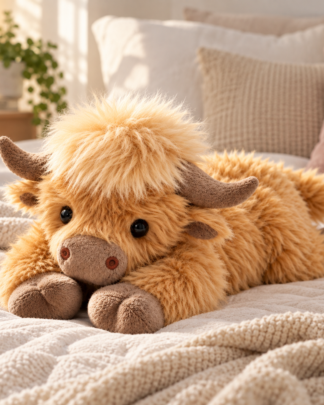 Mimo Térmico - peluche Vaca Highland sobre la cama