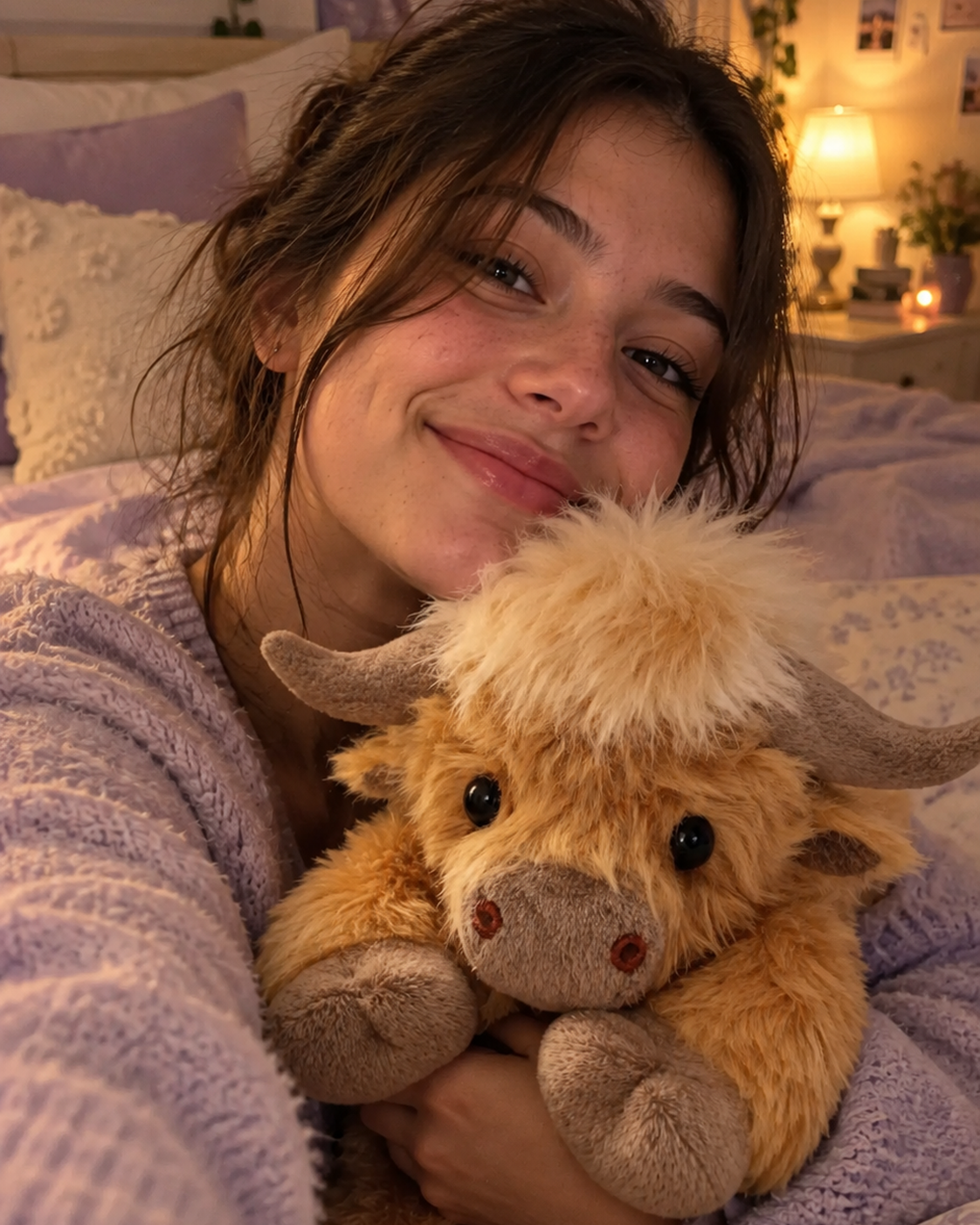 Mimo Térmico - selfie abrazando el peluche Vaca Highland